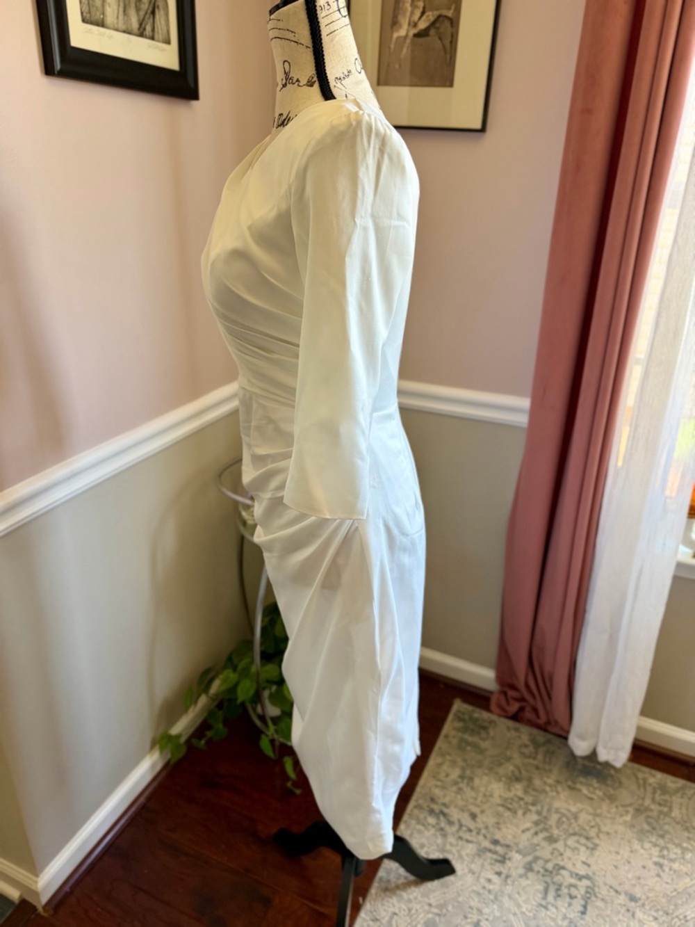 Ivory Sheath Midi Dress Draped V Neck 3/4 Sleeve Bridal Bridgerton S - Picture 5 of 6